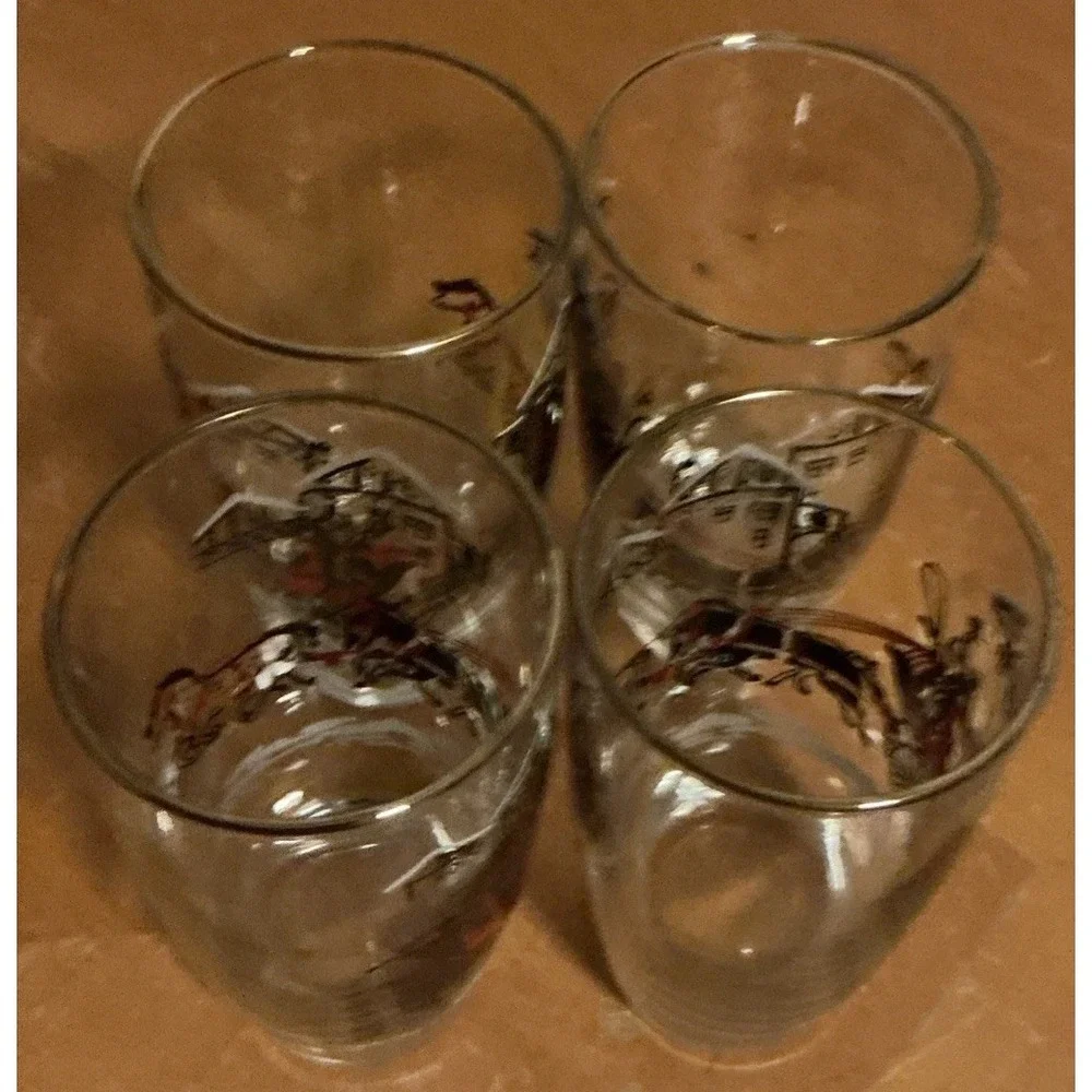 Vintage 1950s Libbey Stagecoach Horses Christmas Glasses, Set Of‎ 4, Gold Rim